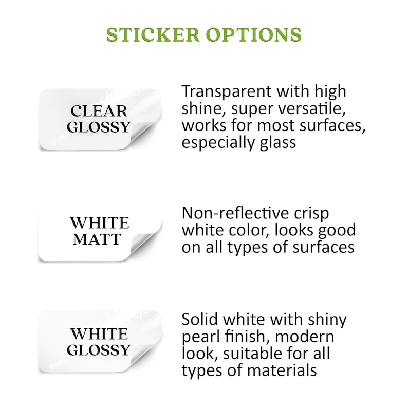 Puede incluir: Tres opciones de pegatinas para diferentes superficies. Claro brillante, blanco mate y blanco brillante.