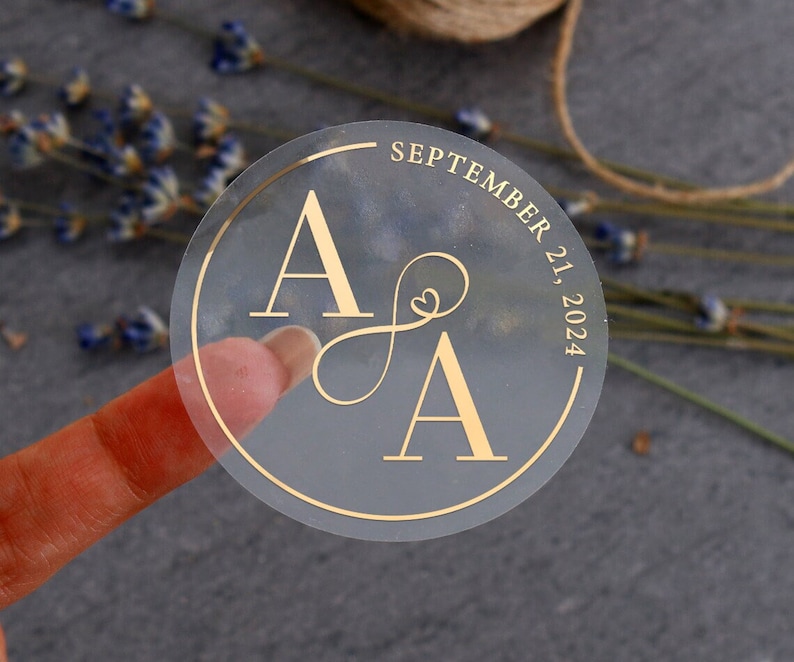 Adesivi trasparenti per matrimoni con lamina d'oro, sigilli personalizzati per buste con monogramma e simbolo dell'infinito per bomboniere, etichette adesive per bicchieri Clear/Gold Foil