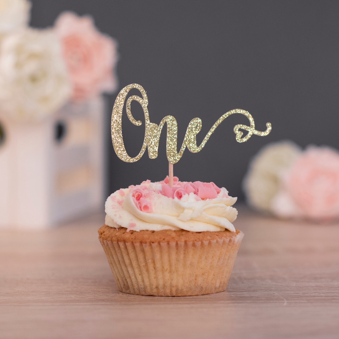 24 Pack One Cupcake Toppers Glitter Minnie Mouse Inspired 1st Birthday Picks Baby Shower Theme Kids First Party Cake Decorations Pink Bow