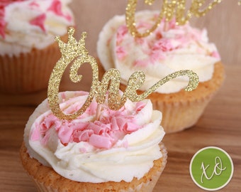 ONE Crown Cupcake Toppers Gold Glitter Cupcake Toppers First Birthday Toppers First Birthday Decoration Girl First Birthday Birthday Party