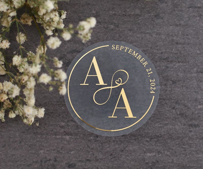 Adesivi trasparenti per matrimoni con lamina d'oro, sigilli personalizzati per buste con monogramma e simbolo dell'infinito per bomboniere, etichette adesive per bicchieri immagine 8