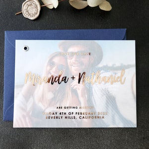 Personalisierte Hochzeit Save the Date Karten für Hochzeit, Foto Save the Date Pergamin Einladungen Individuell Goldfolierte Save the date Rose Gold
