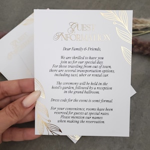 Informatie voor bruiloftsgasten, kaart met gegevens in goudfolie, gepersonaliseerde bruiloftsbrunchsuite, insteekkaart voor trouwprogramma met zitkaart