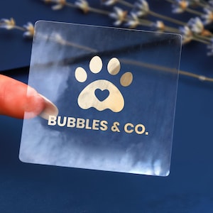 Op maat gemaakte verijdelde duidelijke logo-labels stickers Gepersonaliseerde bedrijfslogo, vierkant logo-label, transparant goudfolielabel, logostickers aanpassen