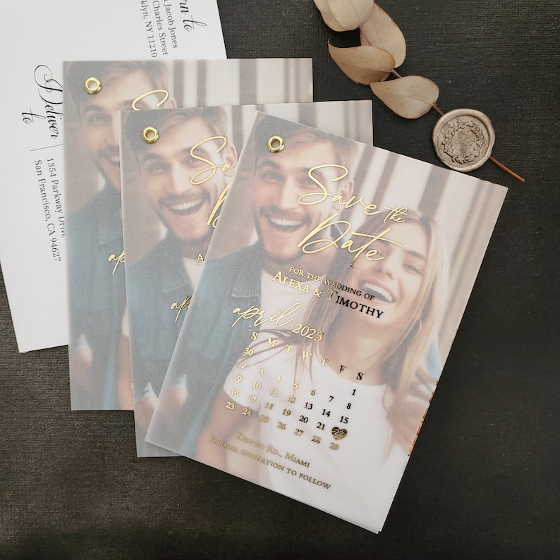 Faire-part Retenez une date en vélin avec calendrier feuille d'argent, faites-vous réserver une date personnalisée en métal argenté avec photo, or rose image 9