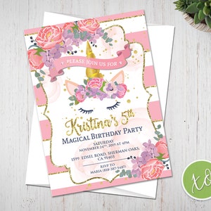 Unicorn Birthday Invitation Unicorn Invitation Unicorn Birthday Party Unicorn Party Magical Invitation Floral Cute Unicorn Invitations