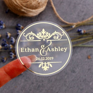 Custom Wedding Stickers for Favors, Gold Wedding Envelope Seals, Wedding Favors Custom Clear Stickers Personalized, Birthday Favor Stickers