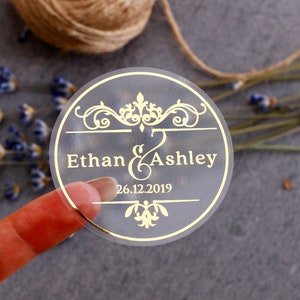 Aangepaste bruiloftsstickers voor gunsten, gouden bruiloftsenvelopzegels, huwelijksgunsten aangepaste duidelijke stickers gepersonaliseerd, verjaardagsgunststickers