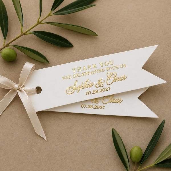 Wedding Thank You Tags for Favors, Gold Foil Personalized Tags for Wedding Favors, Flag Shape Thank you for celebrating with us Tags