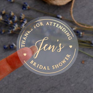 Clear Gold Foil Bridal Shower Stickers, Personalized Favor Stickers, Custom Transparent Labels, Wedding Envelope Seals