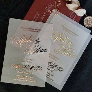 Faire-part de mariage en feuille d'or en vélin, Faire-part de mariage élégant avec enveloppe, Faire-part de mariage unique en or rose, Faire-part de réception