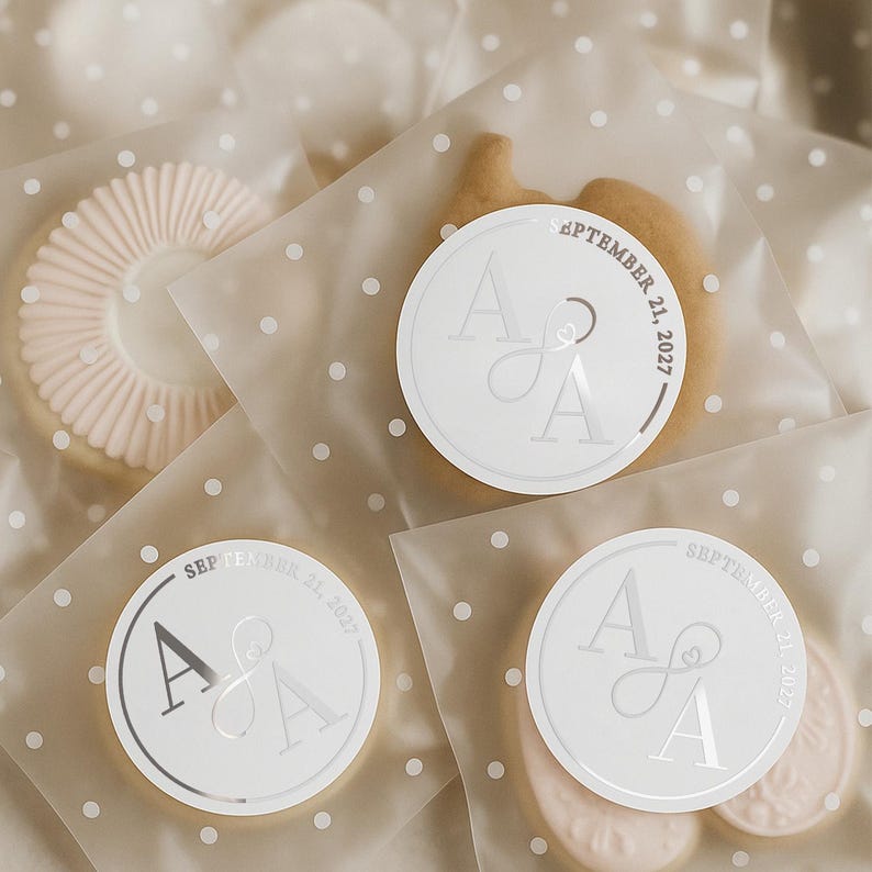 Adesivi trasparenti per matrimoni con lamina d'oro, sigilli personalizzati per buste con monogramma e simbolo dell'infinito per bomboniere, etichette adesive per bicchieri immagine 5