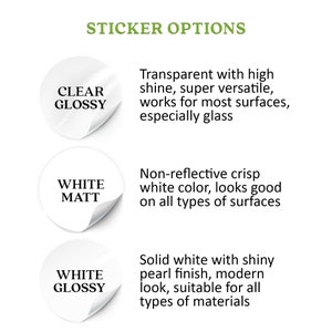 May include: Three sticker options are shown: Clear Glossy, White Matt, and White Glossy. Each option has a description of its features and benefits.
