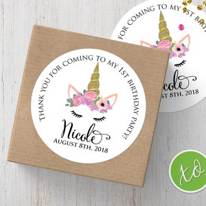 Pegatinas personalizadas de unicornio, pegatinas de etiquetas de agradecimiento de unicornio, decoraciones de fiesta de unicornio de primer cumpleaños, favores de unicornio circular para niña