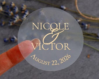 Personalized Wedding Stickers - Custom Clear Wedding Labels with Names & Date for cups, favors, envelopes, invitations