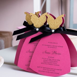 Bridal Shower Invitation, Bridal Invitation, Bachelorette Party Invitation, Bridal Party Invitation, Hot Pink, Gold, Black, Dress Shaped