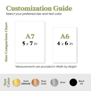 May include: A chart showing two different sizes of printable art prints, labeled A7 (5 x 7 inches) and A6 (4 x 6 inches). The chart also shows a selection of text colors: gold (default), rose gold, silver, and black ink.