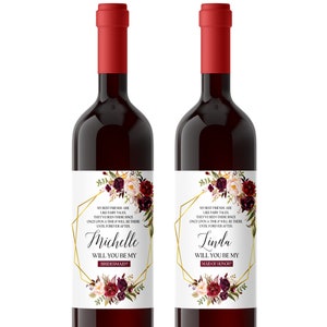 Bridesmaid Proposal Will You Be My Bridesmaid Floral Wine Bottle Labels Personalized Bottle Labels Maid of Honor Proposal Custom Burgundy