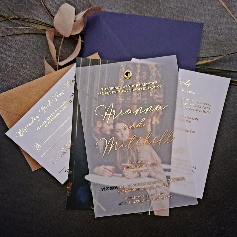 Wedding Vellum Invitation Suite Gold Foil RSVP Detail Card Etsy