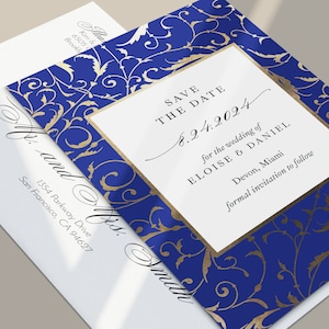 Verijdelde bruiloft-save-the-date-kaarten koningsblauw voor trouwkaarten met ornamenten, luxe save-the-dates-trouwkaarten met enveloppen