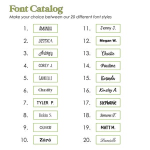 May include: A chart with 20 different font styles, each with a number and a name. The font styles are displayed in a grid format.