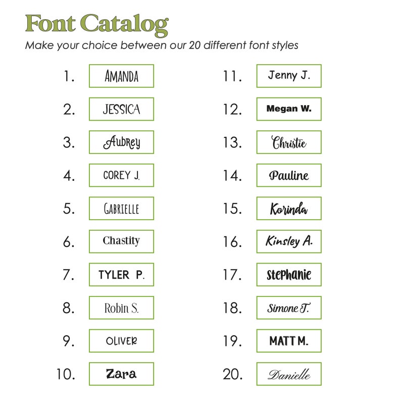 May include: A chart with 20 different font styles, each with a number and a name. The font styles are displayed in a grid format.