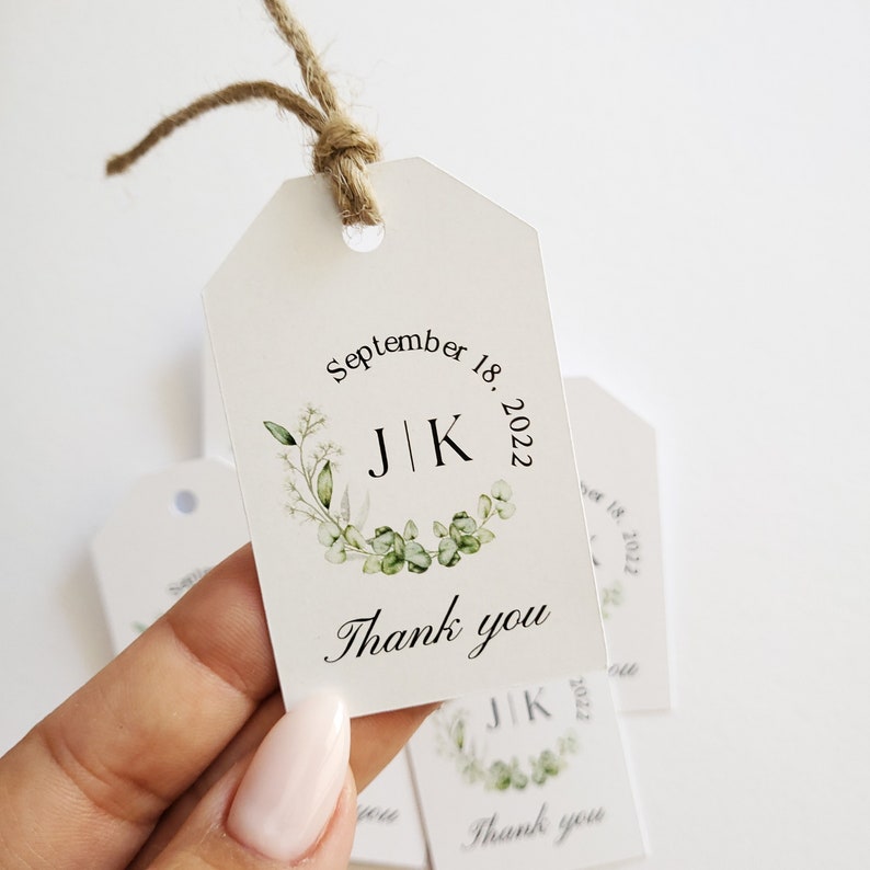 Greenery Monogram Thank you Wedding Favor Tags, Personalized Wedding Gift Tags, Rustic Wedding Tags, Botanical Thank You Favour Hang Tags image 1