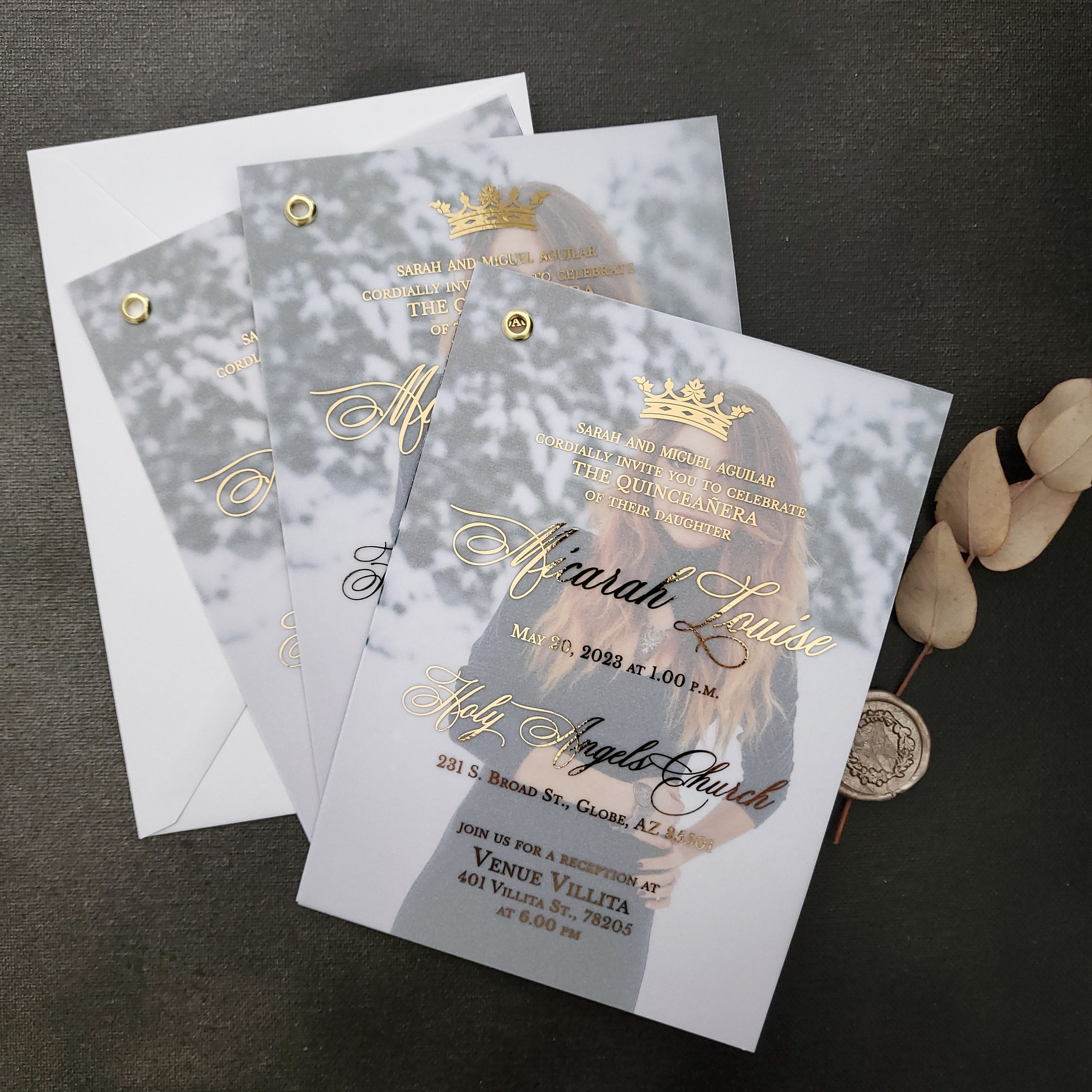 Set of 10 Quinceañera Invitations, Elegant Quinceañera Invite, Custom  Quinceañera Card, 15th Birthday, Vellum Invitations with Gold, Quince Anos,  Mis