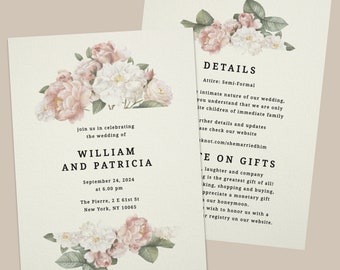 Blush Wedding Invitations, Modern Floral Wedding Invites, Simple Blush Wedding Invitation Set with RSVP Cards and Envelopes, Pink Flowers