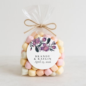 Etichette adesive personalizzate "Save the Date" per bomboniere di nozze con motivi floreali viola per biscotti, buste, inviti, design rotondo personalizzato