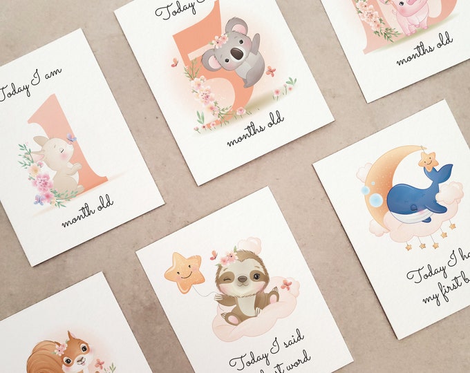 Baby Milestone Cards, Unisex Cute Baby Woodland Animals Milestone Cards, Baby Shower Gift, New Baby Milestones Gift Cards, Baby Keepsake