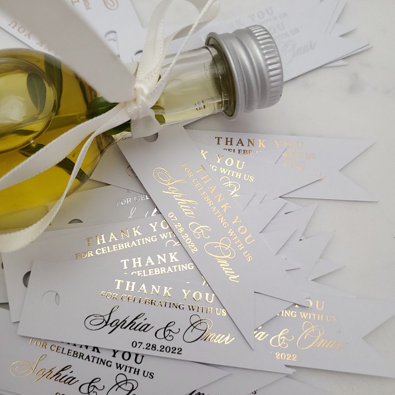 Custom Wedding Favor Gold Foiled Thank you for celebrating with us Tags, Personalized Gift Bags Hang Tags, Wedding Thank you Tags, Gift Tag image 8
