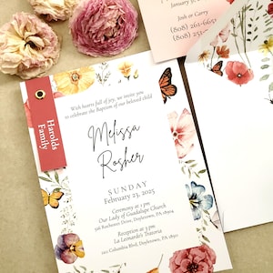 Ensemble d'invitations de baptême pour fille ou garçon avec carte RSVP et noms d'invités personnalisés, faire-part de baptême prairie fleurs sauvages 5 x 7 po
