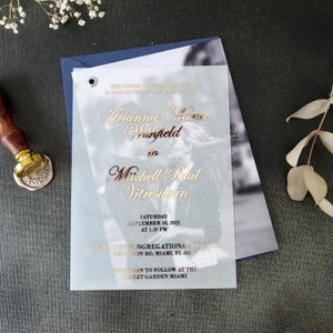 Elegant Gold Foiled Wedding Invitations with Envelopes, Vellum Wedding Invitations, Rose Gold Wedding Invite with Handwriting Script