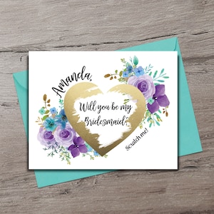 Serez-vous ma demoiselle d'honneur ? Carte à gratter de demoiselle d'honneur, cadeau de demoiselle d'honneur, proposition de demoiselle d'honneur, carte demoiselle d'honneur, cartes de mariage violet et turquoise