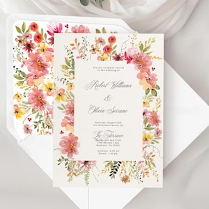Invitación de boda en acuarela impresa, elegantes flores silvestres, tarjeta de invitación con sobres, elegante diseño botánico rosa y verde.