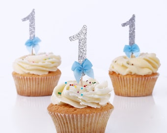 Junge 1. Geburtstag Party Dekoration, Silber Cupcake Topper, Zahlen Topper, Silber Glitzernd und Blau Partydekoration