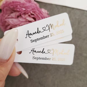 XOXOKristen Custom Personalized extra small wedding favor tags with black ink or foiled print, rectangular shape on white cardstock, Birthday thank you gift tags, Bridal shower tags, customized with names and date