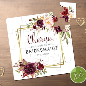 Bridesmaid Proposal Puzzle: Burgundy Floral, Gold Foil Frame