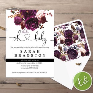 Plum Floral Baby Shower Invitations Oh Baby Shower Invitations Watercolor Baby Shower Invitation Boho Purple Floral Baby Shower Invitations image 2