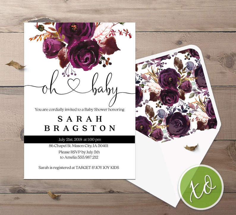 Plum Floral Baby Shower Invitations Oh Baby Shower Invitations Watercolor Baby Shower Invitation Boho Purple Floral Baby Shower Invitations image 2