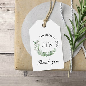 Greenery Monogram Thank you Wedding Favor Tags, Personalized Wedding Gift Tags, Rustic Wedding Tags, Botanical Thank You Favour Hang Tags image 2