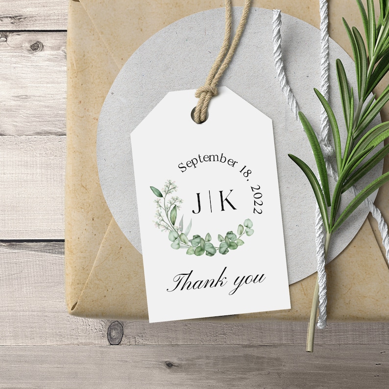 Greenery Monogram Thank you Wedding Favor Tags, Personalized Wedding Gift Tags, Rustic Wedding Tags, Botanical Thank You Favour Hang Tags image 2