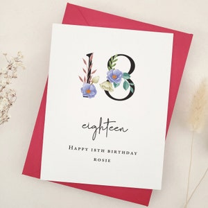 Biglietto di auguri per il 18° compleanno, biglietto di auguri personalizzato per il 18° compleanno con verde, biglietto di auguri personalizzato con numeri floreali, elegante regalo di compleanno