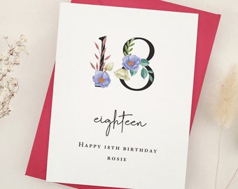 18th Happy Birthday Card, Personalized 18 Birthday Card with Greenery, Custom Age Floral Numbers Birthday Card, Elegant Birthday Gift