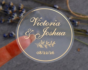 Stickers de mariage personnalisés pour cadeaux, étiquettes de mariage transparentes, étiquettes de cadeaux de mariage en feuille d'or avec joint d'enveloppe personnalisé pour tasses, sacs de bienvenue