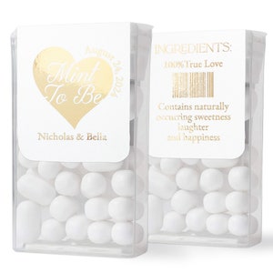Mint to Be Tic Tac Stickers for Wedding Favors, Personalized Gold Foiled Heart Stickers with Names & Wedding Date, Silver, or Rose Gold Foil