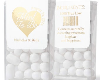 Mint to Be Tic Tac Stickers for Wedding Favors, Personalized Gold Foiled Heart Stickers with Names & Wedding Date, Silver, or Rose Gold Foil