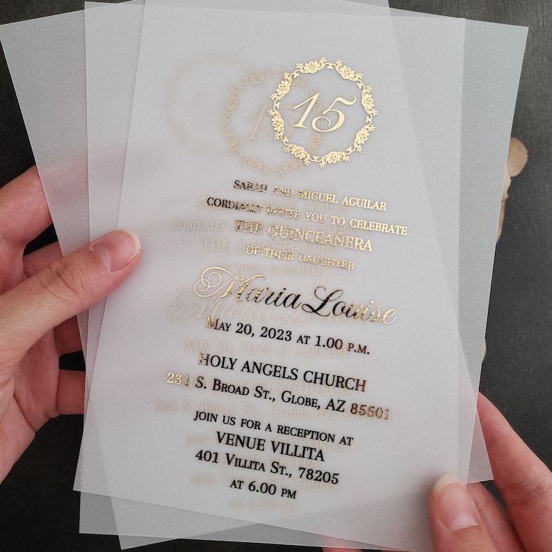 Gold Foil 15th Birthday Vellum Quinceanera Invitations Elegant Etsy