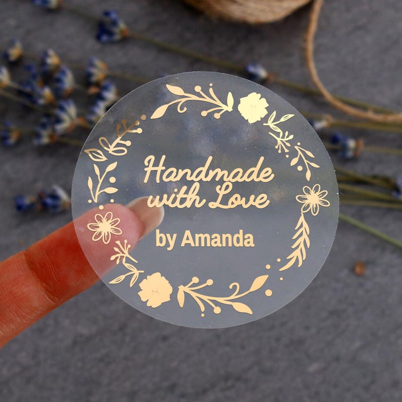 Custom Foiled Handmade With Love Label Stickers with Floral Frame image 1